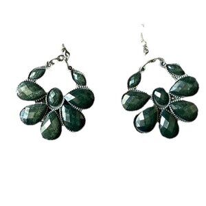 Vintage Green Earrings Pedal Floral Plant Silver Green Boho Western Style